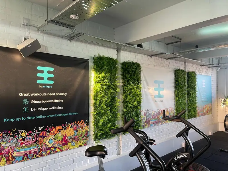 The be:unique wall, green panels and air bikes inside the Cattedown gym